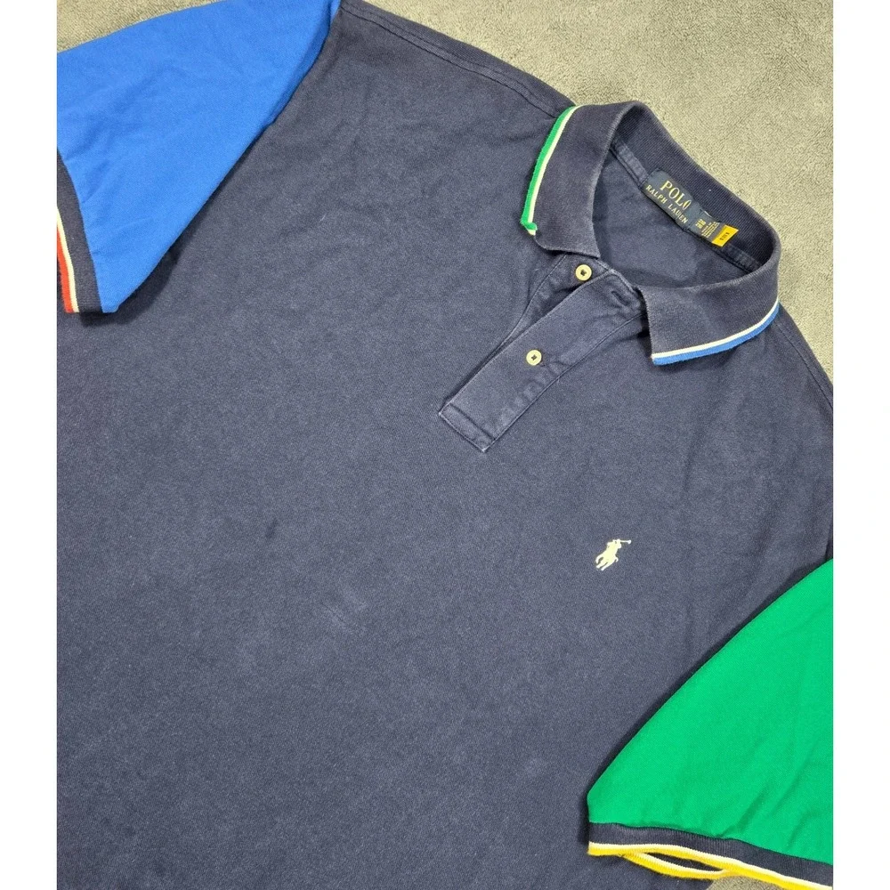 Polo Ralph Lauren 2XB Shirt Mens Big Tall Colorblock Navy Blue Mesh Polo Top